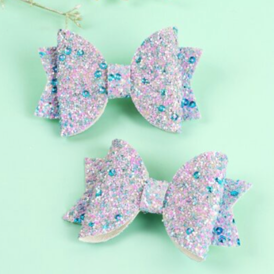 Pink Sequin with Blue Rhinestone Hair Bows
