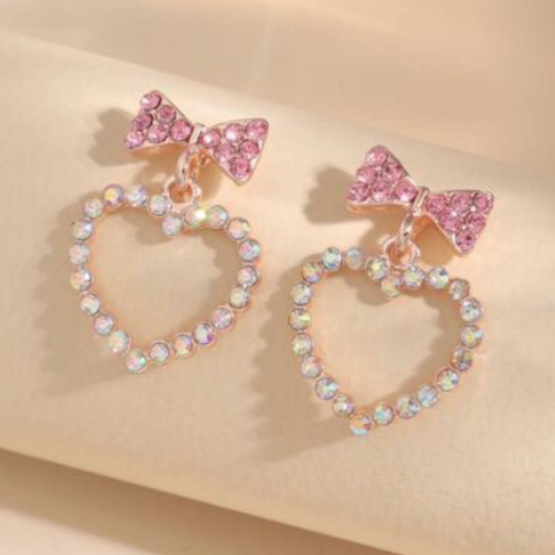 Earrings with Pink Rhinestone Bows and White Rhinestone Hearts