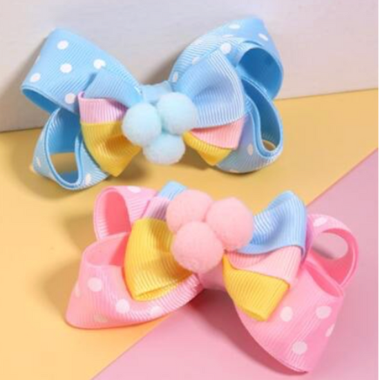 Blue and Pink Polka Dot Hair Bows with Pink and Blue Pom Poms