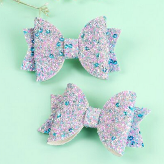 Pink Sequin with Blue Rhinestone Hair Bows