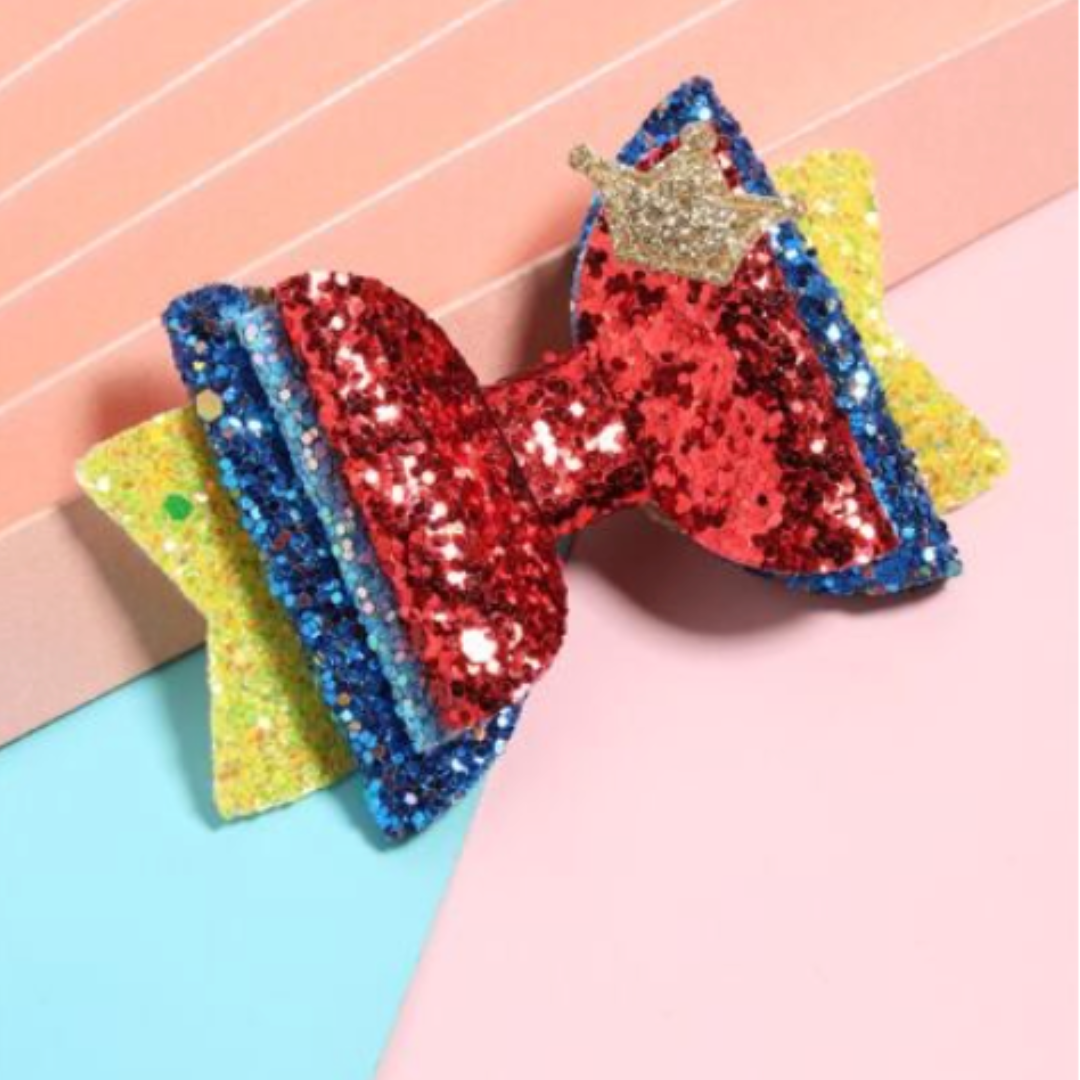 Multicolor Sequin Hair Bow with a Sparkly Silver Crown
